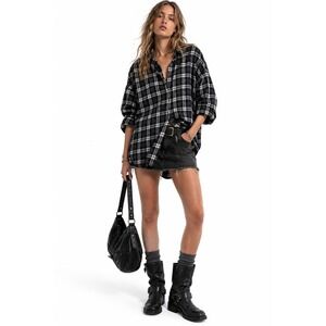 IRO JEANS Peline Plaid Shirt Womens XS Black Grey Eyelet Grunge Edgy Punk Rocker